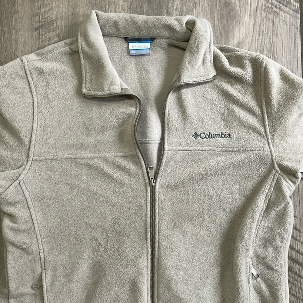 Columbia Men Tan Jacket Light Weight Coat Medium Polyester Zipper Cream Neutral